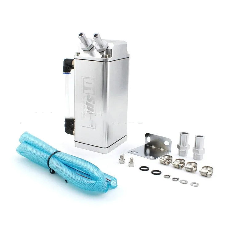 Car modification oil catch tank shown in square and round shapes in black, blue, red, silver colours