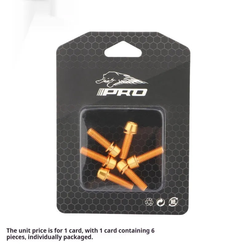 Set of six stainless steel mountain bike handlebar riser fixing screws displayed on a card, showing colour options.