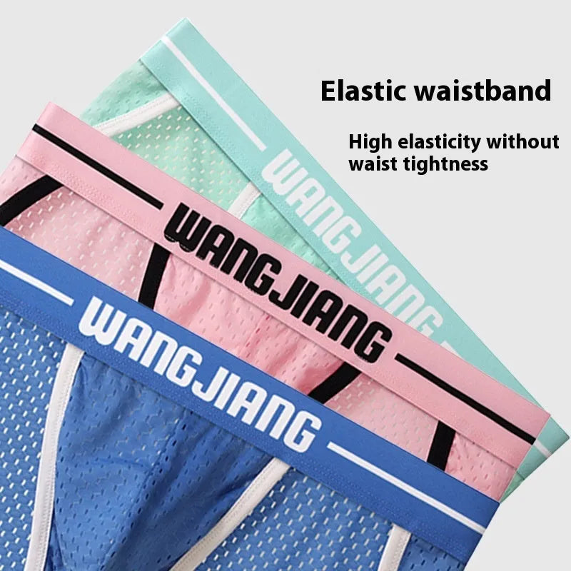 Men's mesh breathable triangle underwear in Ice Silk fabric showing quick-drying sports design in multiple colour options