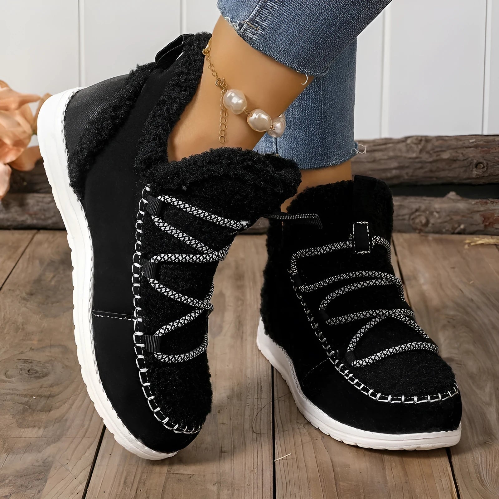 Women's mid-top snow boots in beige, black, and dark brown with cotton upper and PU sole