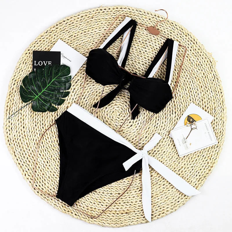 Black high-waist bikini set with matching top, designed for European and American body sizes.