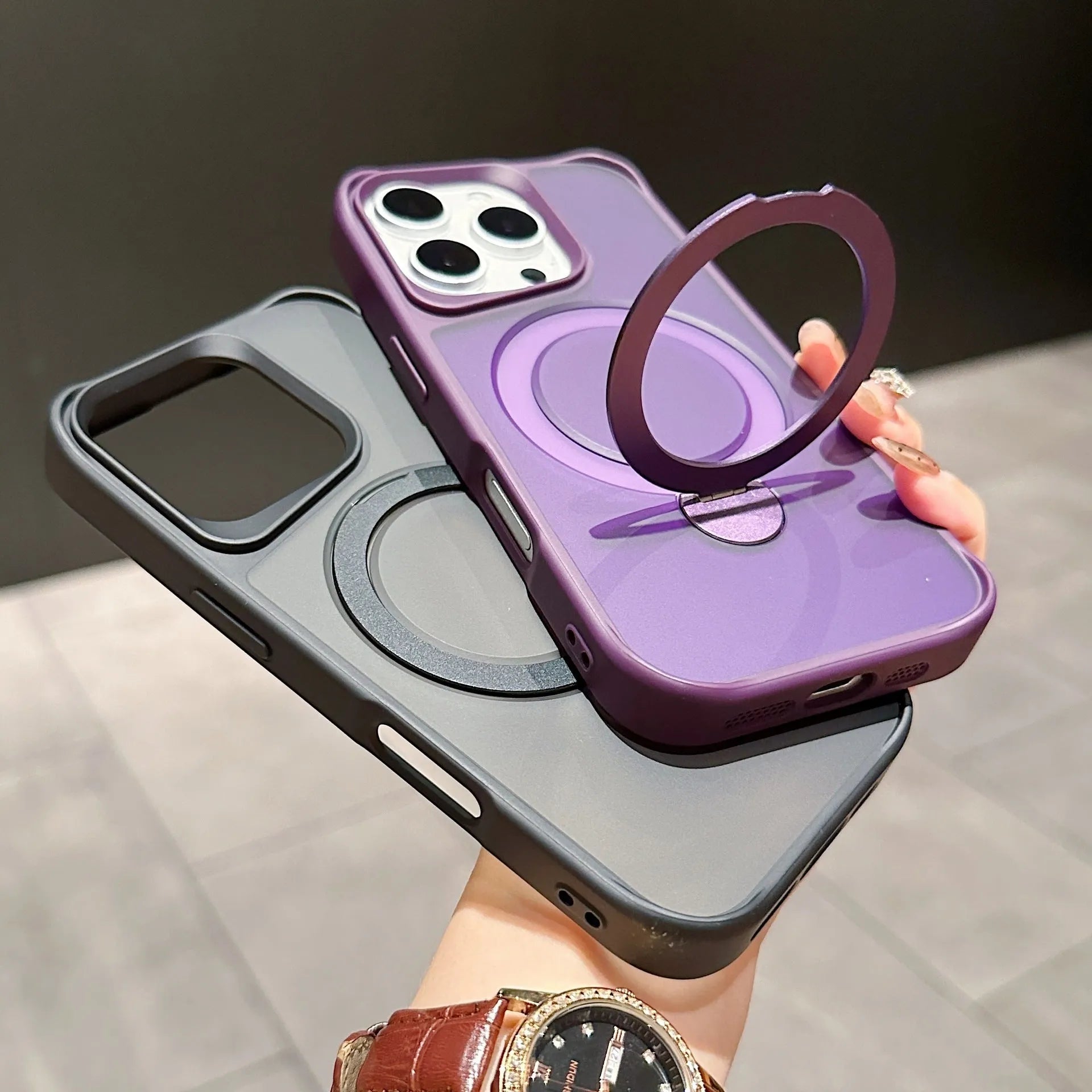 Frosted TPU PC magnetic phone case for iPhone 16 Pro with 360 rotating bracket, black colour