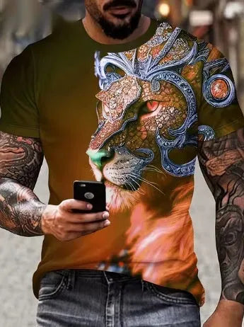 Men's black T-shirt with a raised 3D printed graphic of a fierce lion's face on the front.