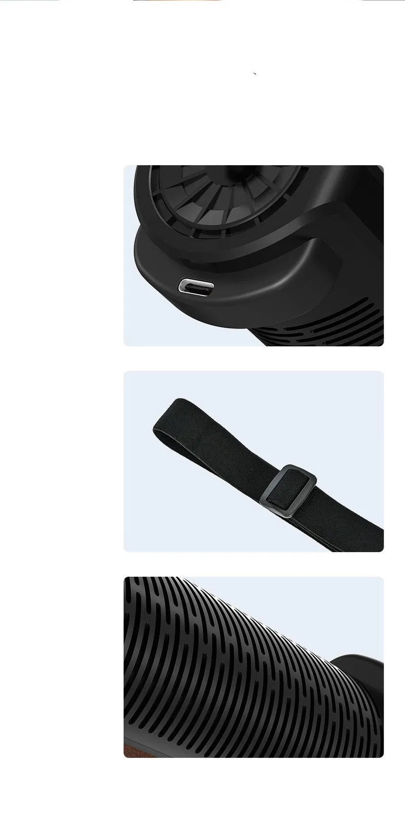Bladeless car ventilation fan with USB connection and three speed settings in black, brown or red