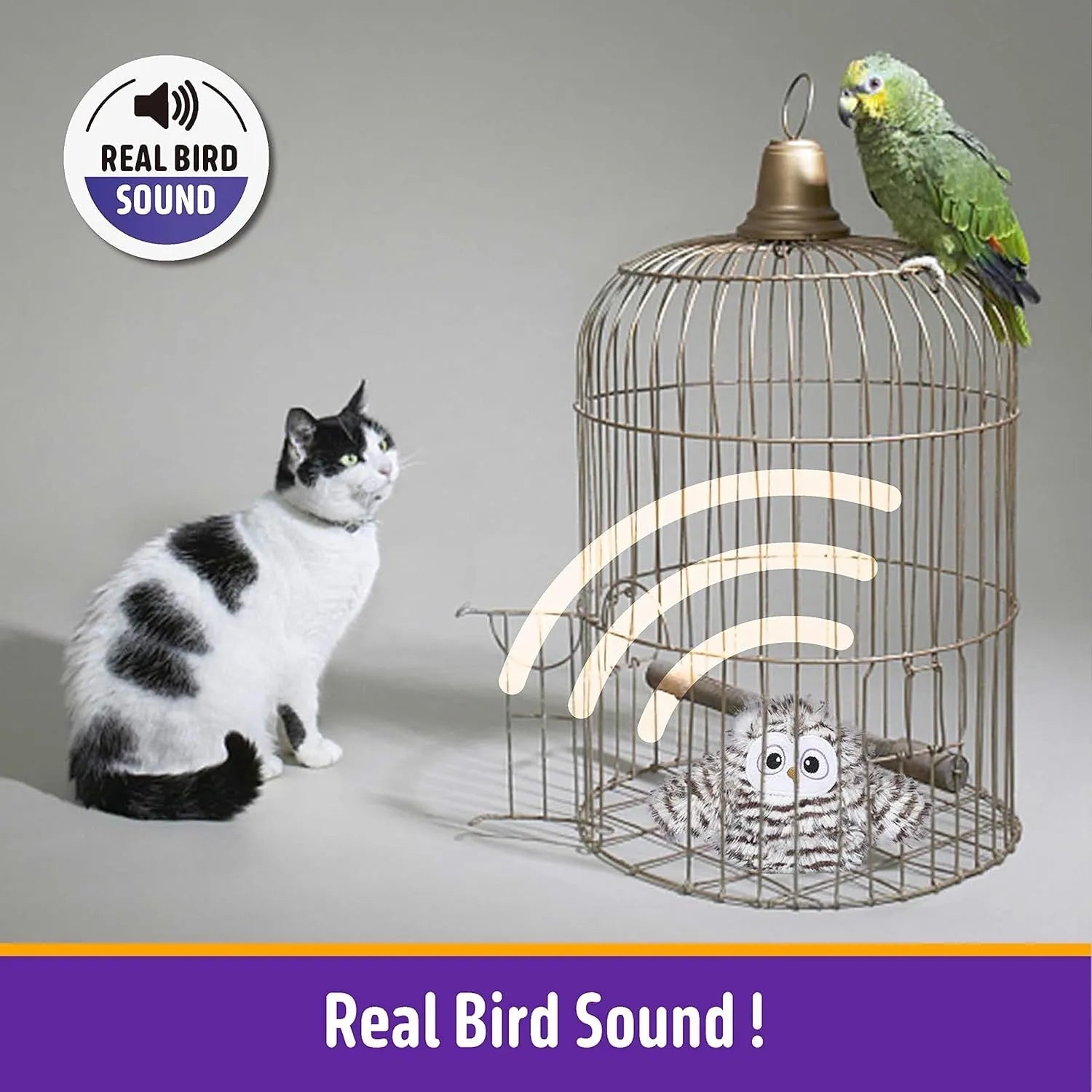 Grey automatic owl cat toy with flapping wings on white background