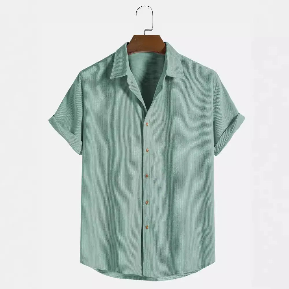Man wearing a casual short-sleeved polyester shirt in a cardigan style, available in multiple colours.