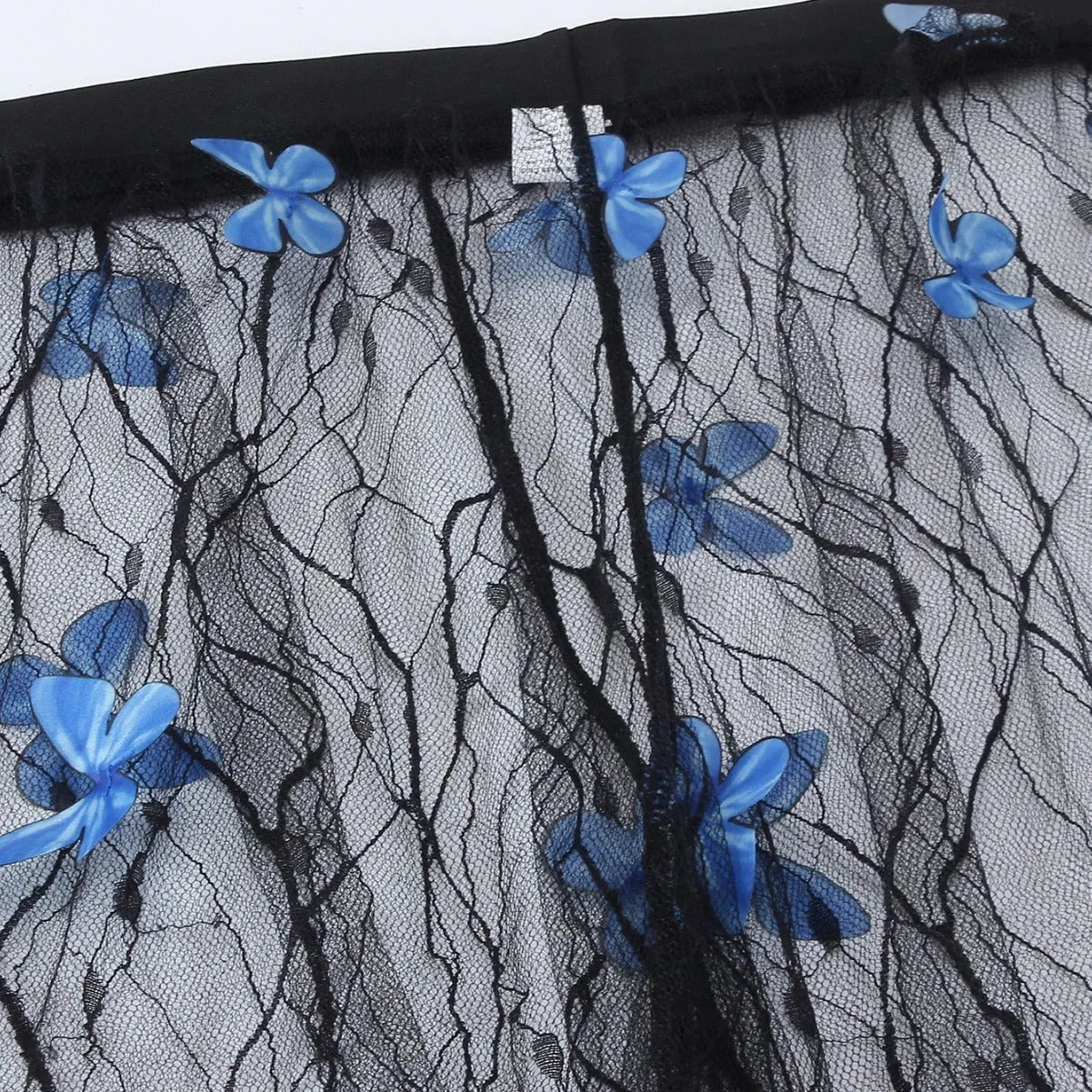 Black transparent voile bikini set with butterfly pattern showing top, underwear and pants pieces