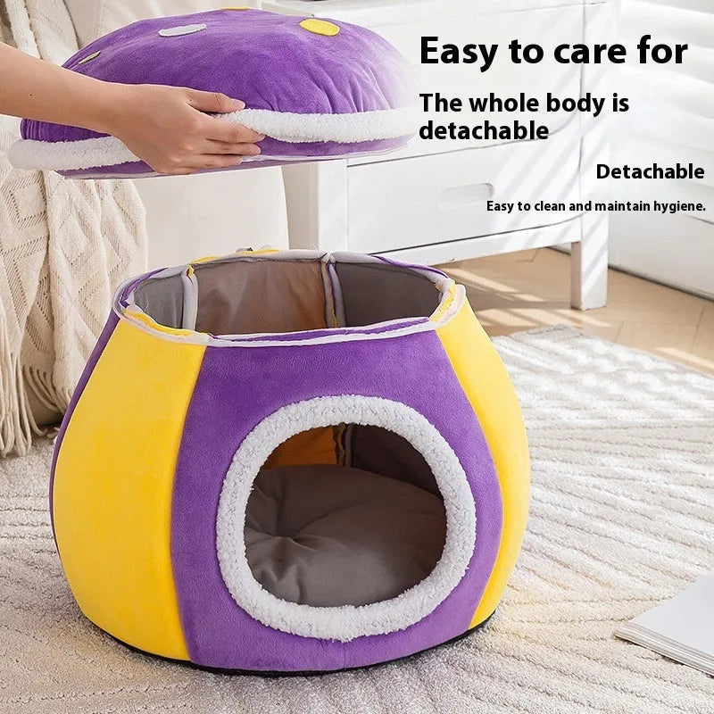 Grey mushroom-shaped plush cat bed on a white background.
