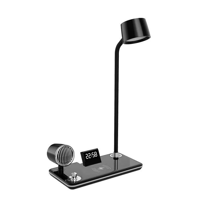 Black and white wireless charging desk lamp with digital clock display and USB power connection