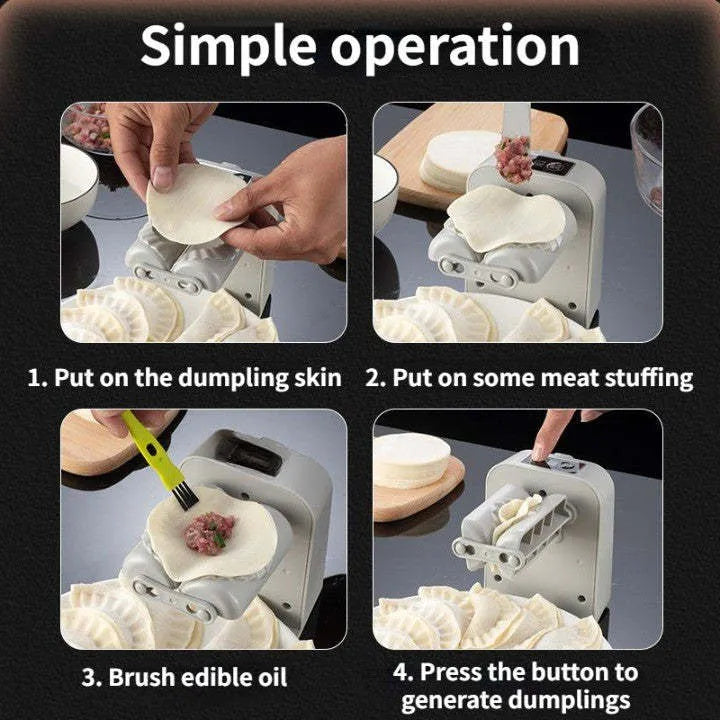 White electric automatic dumpling maker machine with USB charging cable and accessories