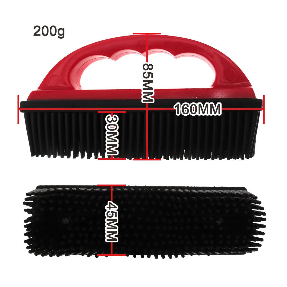 Red pet hair removal brush with non-slip handle for grooming and cleaning, dimensions 160mm by 85mm