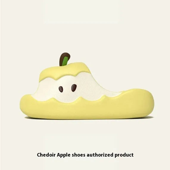 Pair of fruit-themed cartoon EVA flip flop sandals for parent-child home wear on a light background.