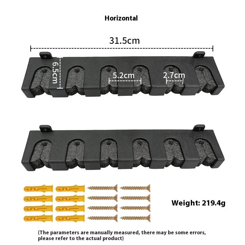 Black ABS plastic wall-mounted fishing rod storage rack showing horizontal and vertical mounting options