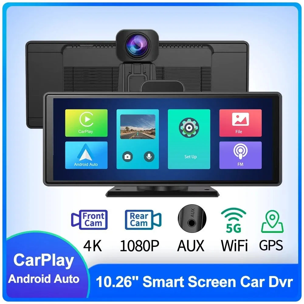 12-inch car dash cam touch screen displaying dual camera view on dashboard.