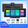 12-inch car dash cam touch screen displaying dual camera view on dashboard.