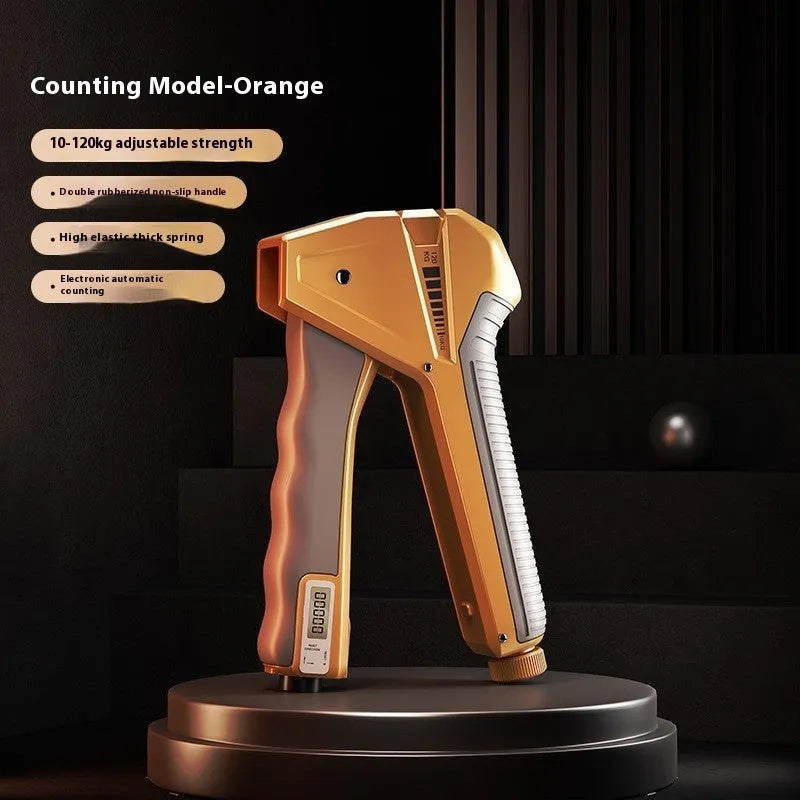 Adjustable grip strength trainer with mechanical force counter display showing resistance level