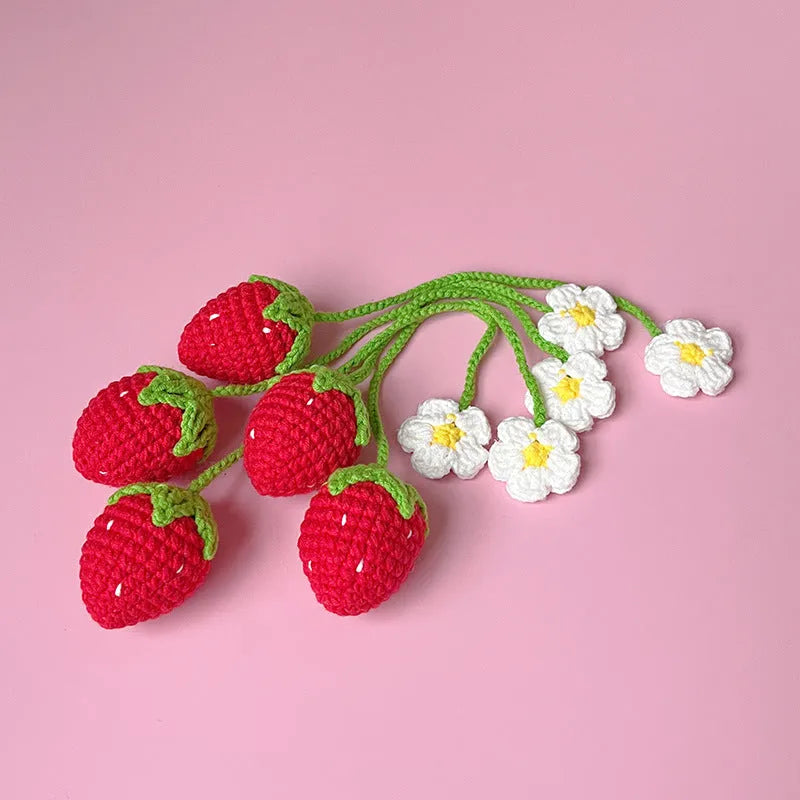 Handmade wool crochet woven strawberry pendant on 35cm chain in pink colour