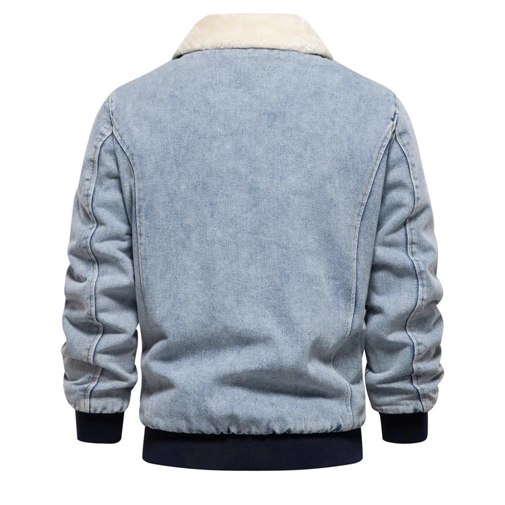Men's plush denim jacket in European size with long sleeves and seam pockets in dark blue