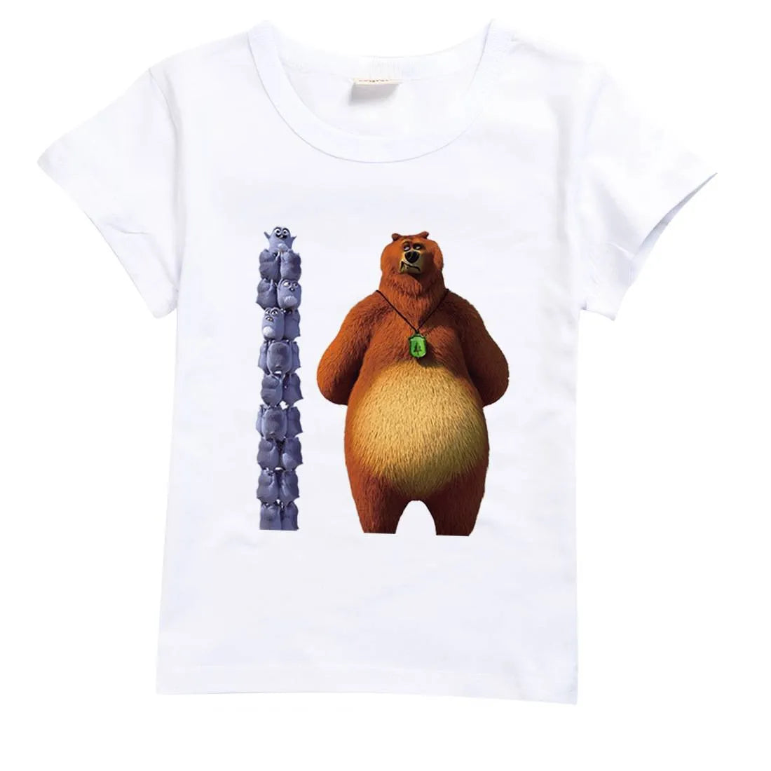 Children's cotton short sleeve top with cartoon print, available in ten colours and sizes 100cm to 170cm