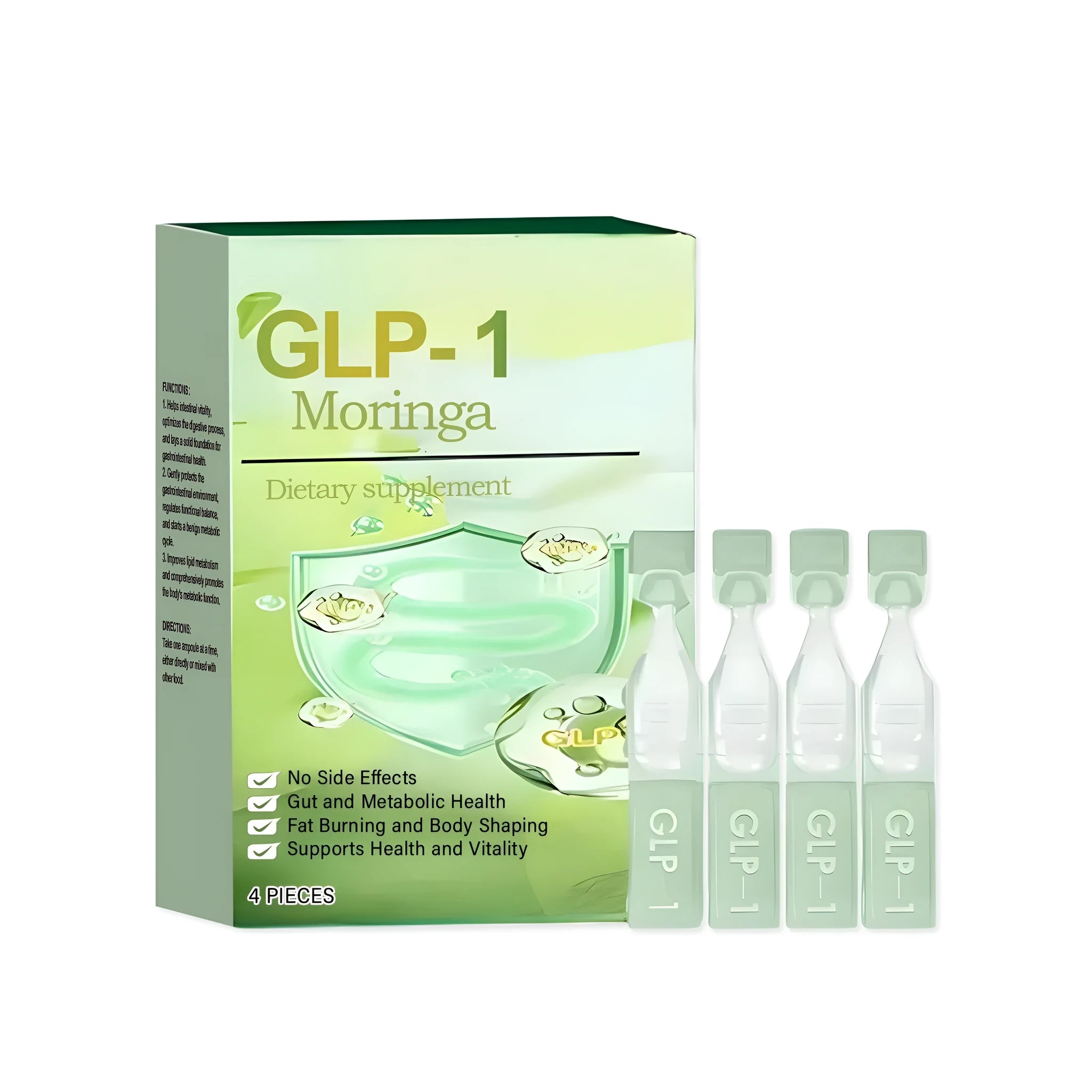 Four bottles of mint-flavoured gastrointestinal support liquid drops with gluconic acid lactone and vitamin B1.