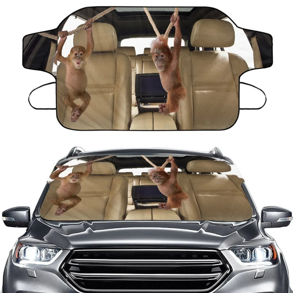Car snow protection cover with front gear made from silver aluminium film fabric, shown with lanyard ties.