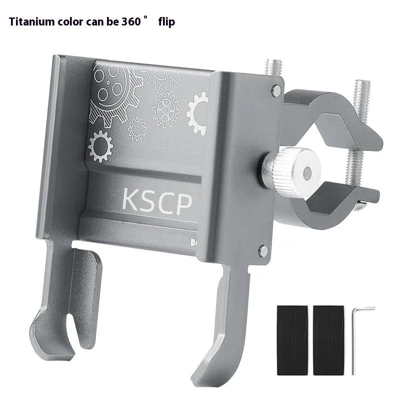 Aluminium alloy mobile phone holder mounted on a bicycle handlebar.