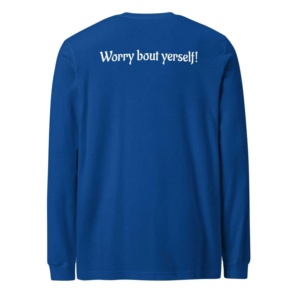 Blue men's loose fit casual pullover sweater with printed letter patterns, round neck.