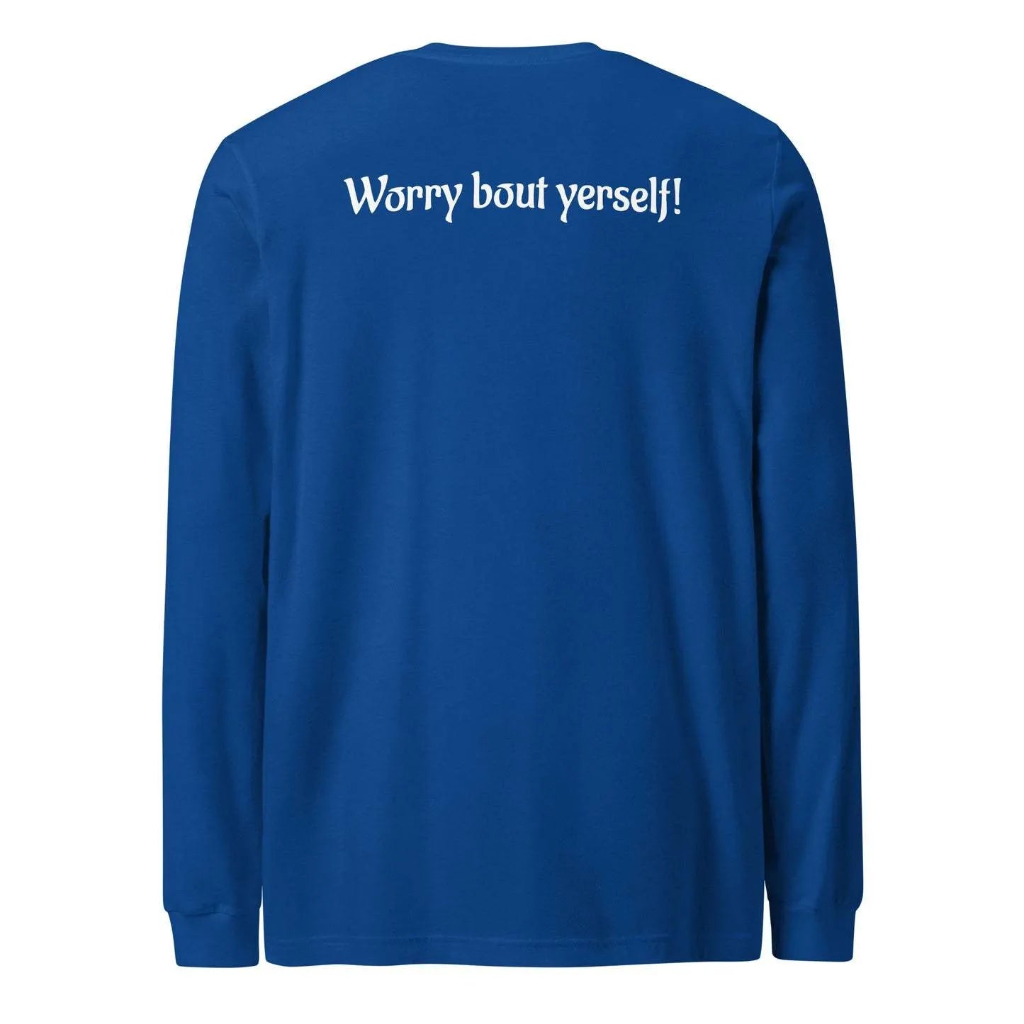 Blue men's loose fit casual pullover sweater with printed letter patterns, round neck.