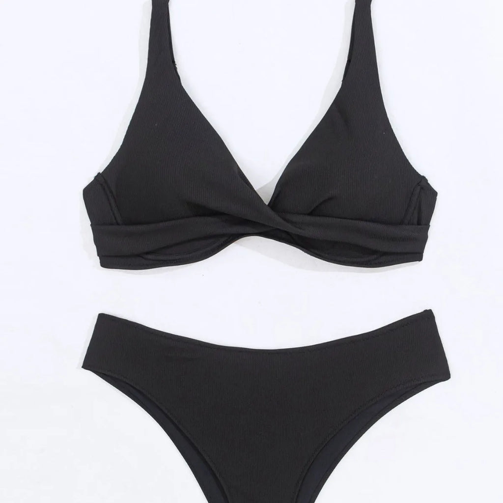 Women's rib fabric two-piece bikini swimsuit shown in available colours with Asian sizing
