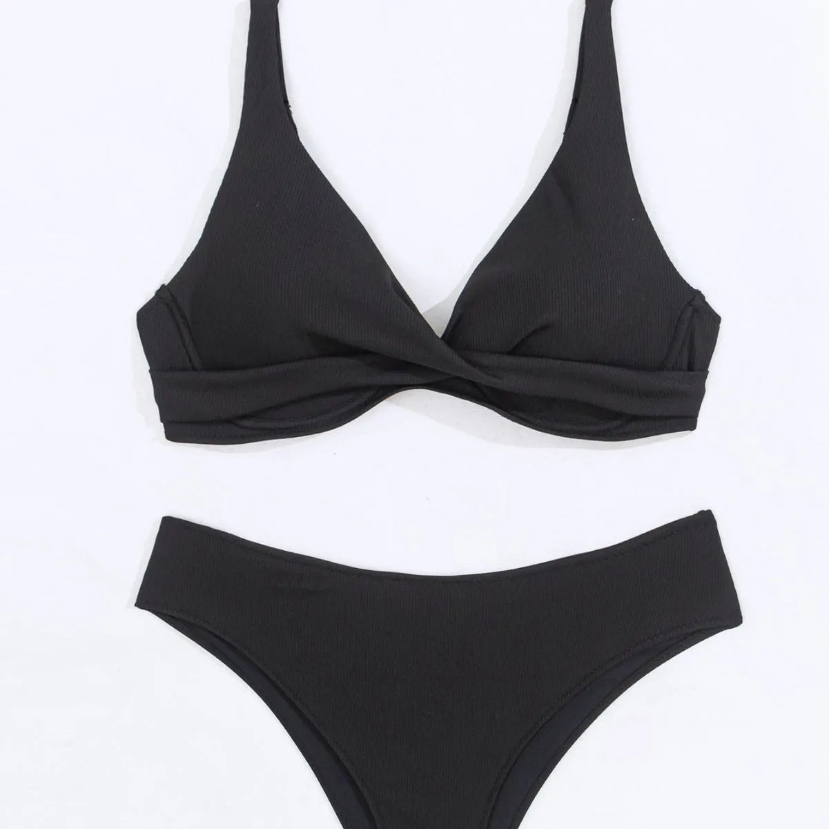 Women's rib fabric two-piece bikini swimsuit shown in available colours with Asian sizing