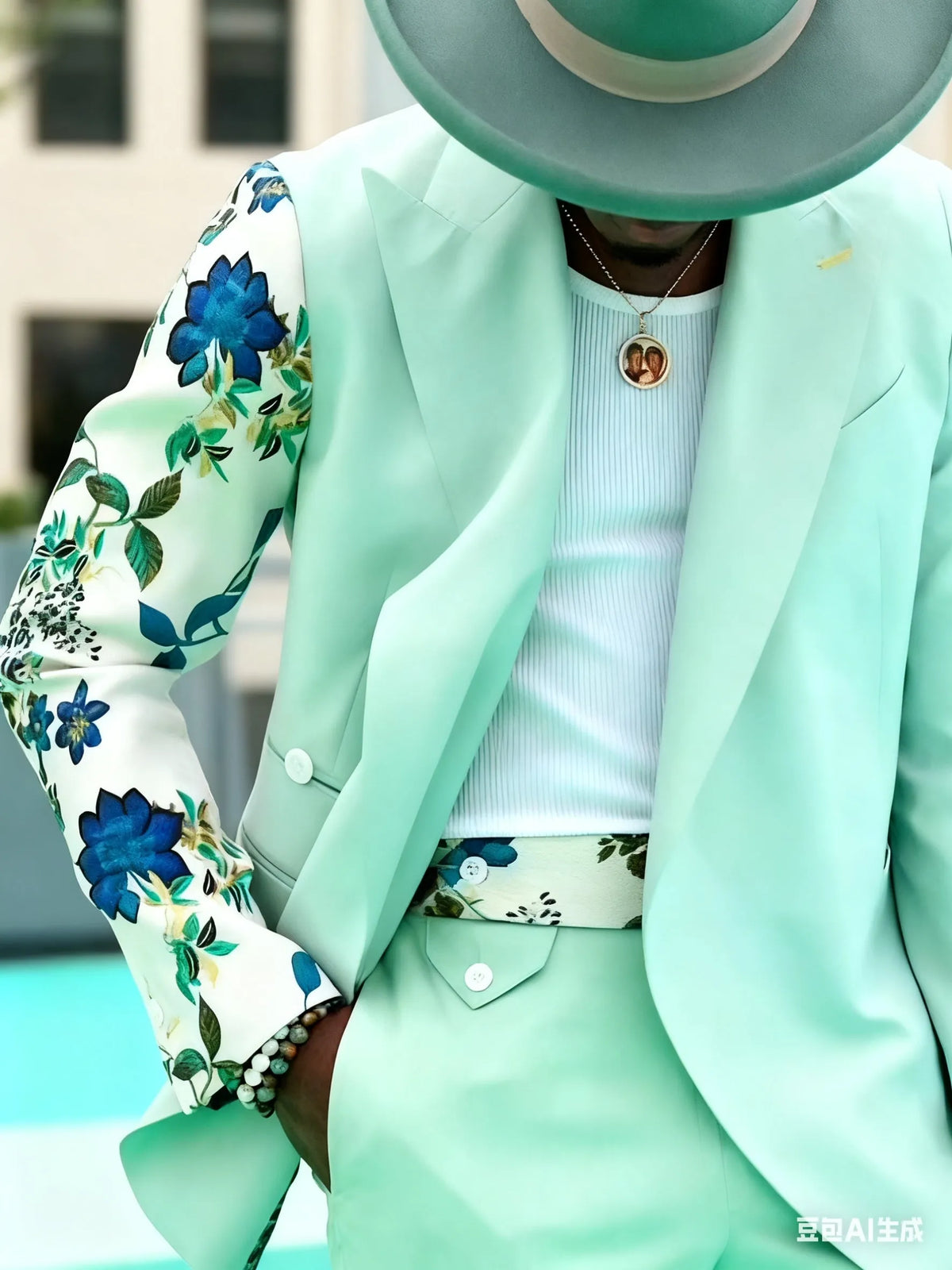 Mint green double-breasted suit set with floral print sleeve blazer and ankle-length pants