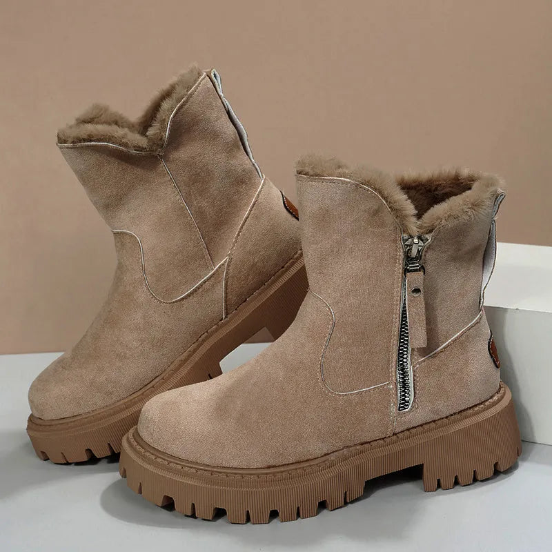 Women's black thick plush high-top snow boots with a side zipper and non-slip rubber sole.
