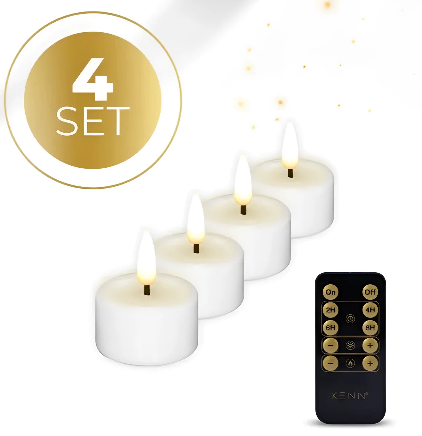 White LED tealight candle with flickering flame effect, showing scale against a ruler.