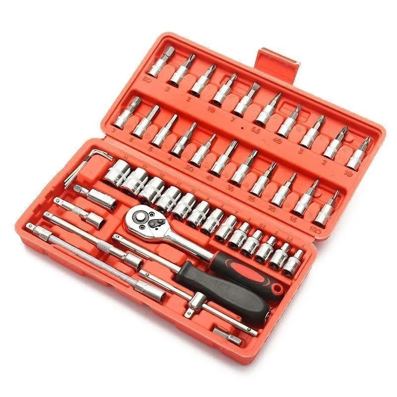 Red and black storage box containing a 53-piece socket wrench and ratchet spanner set for household maintenance