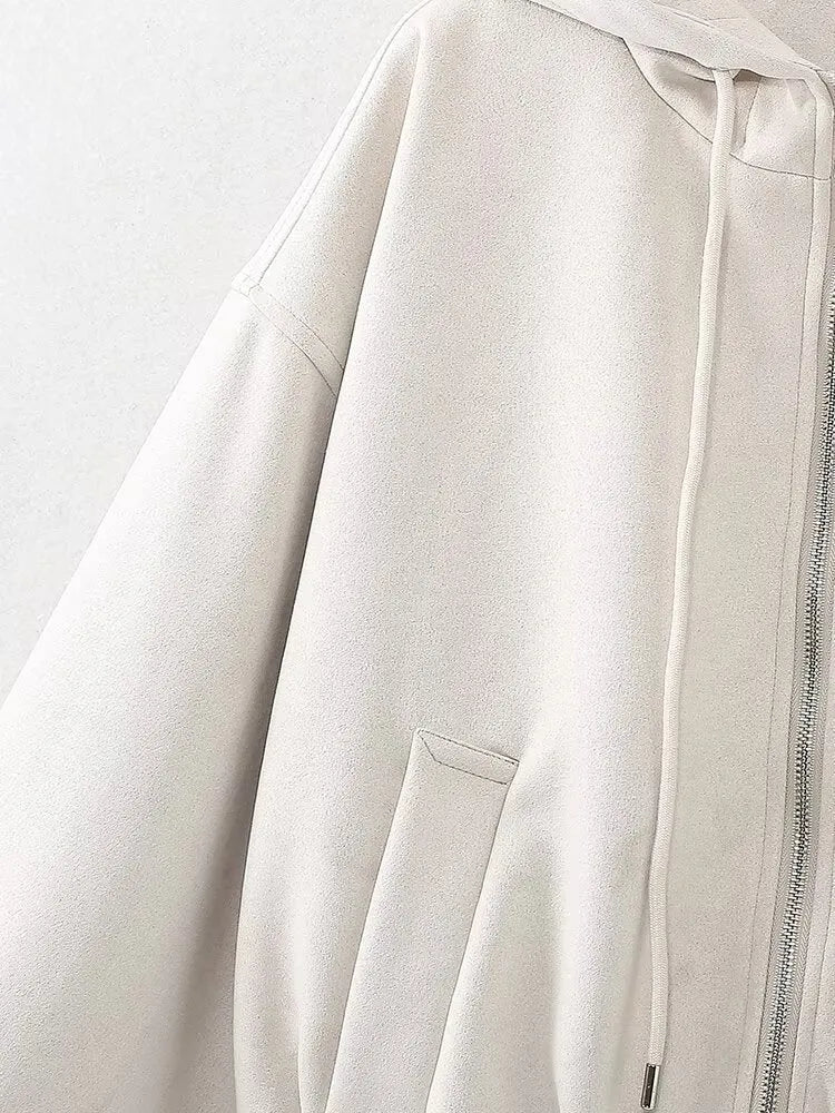Women's suede hooded casual jacket in white or black colour with Asian sizing