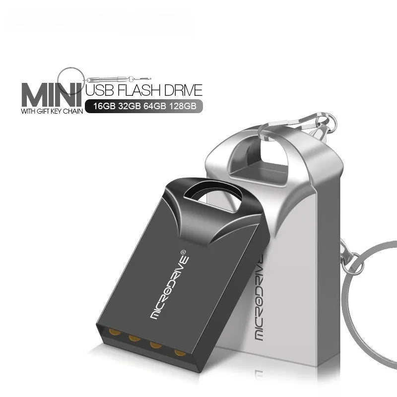 Compact black metal USB flash drive on a white background showing its slim 23mm length.