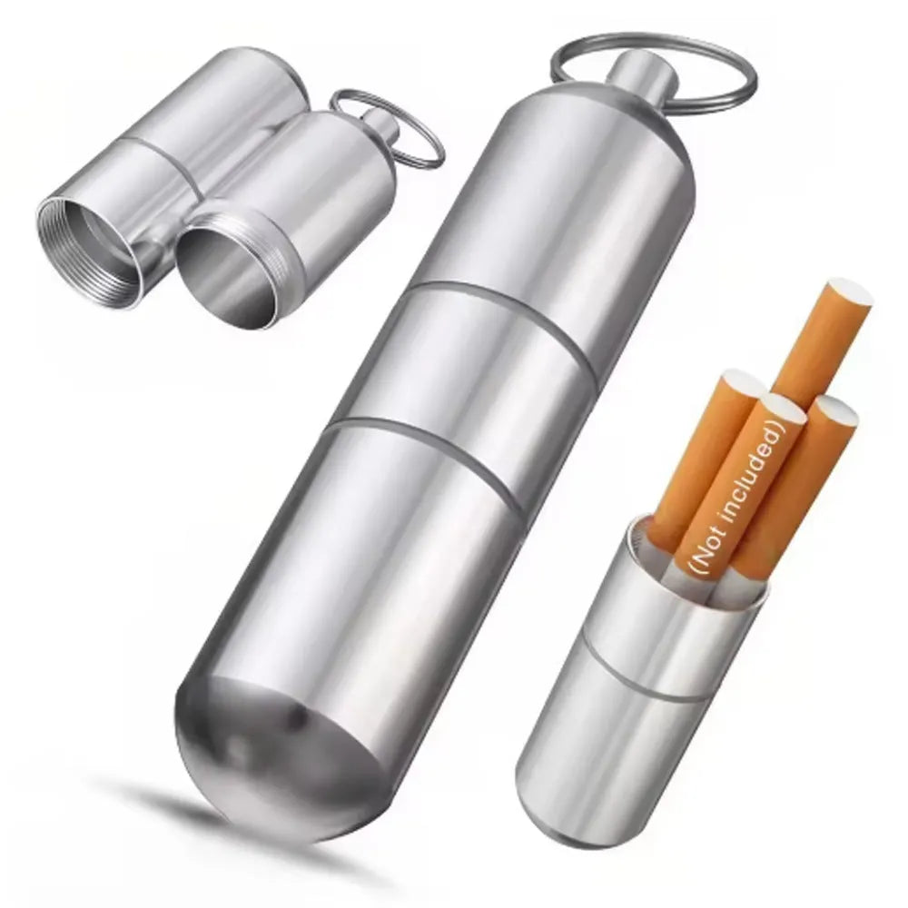Portable waterproof sealed metal medicine box in aluminium alloy, shown in silver 87mm, granny grey 105mm and lead gray 122mm sizes.