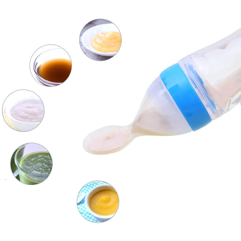 Baby feeding bottle spoon in silicone, 90ml, available in white and pink, with round bottom style