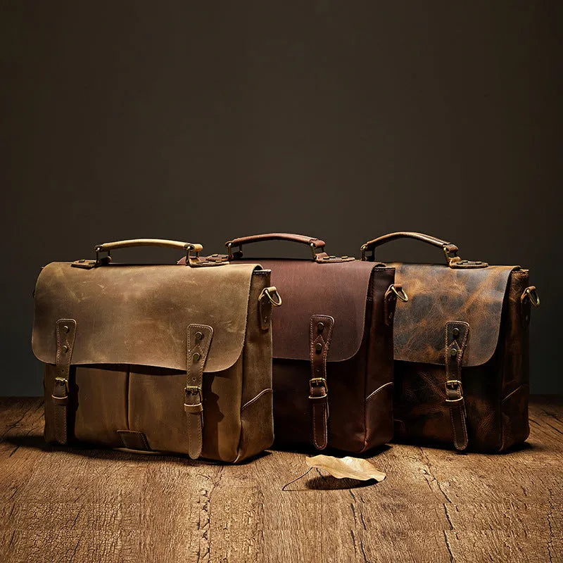 Leather mens briefcase satchel, 15 inch horizontal square bag, first-layer cowhide, reddish brown and light brown