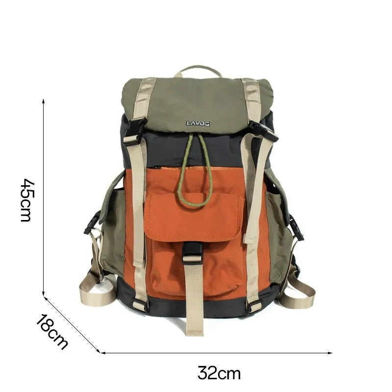 Orange-green contrast colour outdoor backpack with multiple compartments showing 35L capacity