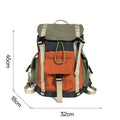 Orange-green contrast colour outdoor backpack with multiple compartments showing 35L capacity