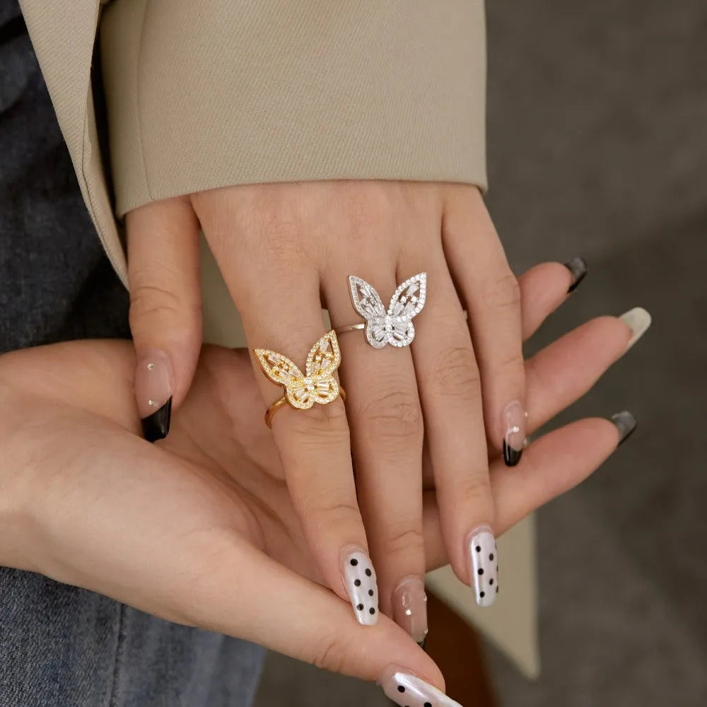 S925 sterling silver butterfly ring with inlaid zircon and adjustable open band in white or gold tone