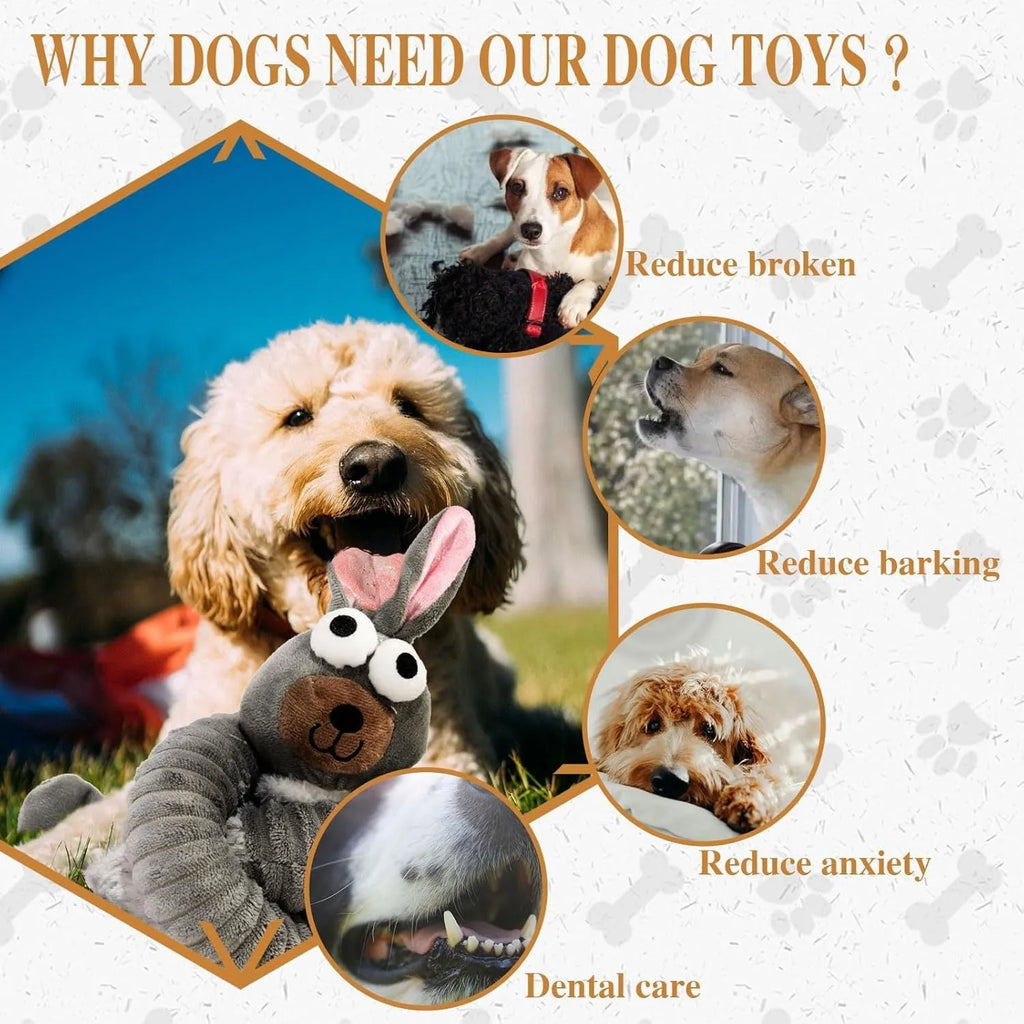Foldable plush dog toy in brown, grey, or yellow with squeaker and crinkle sounds