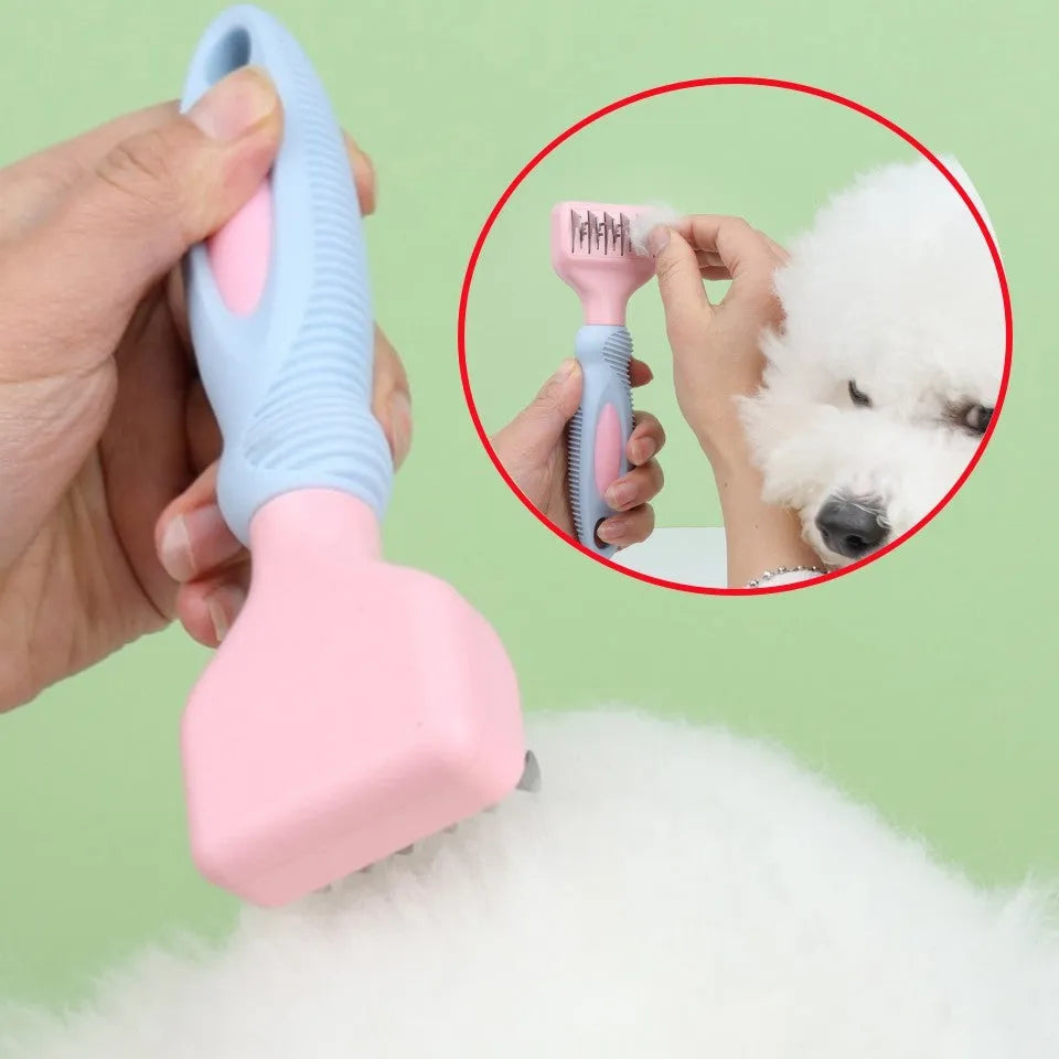 Stainless steel pet grooming comb with knot knife, pink colour option, 170mm handle
