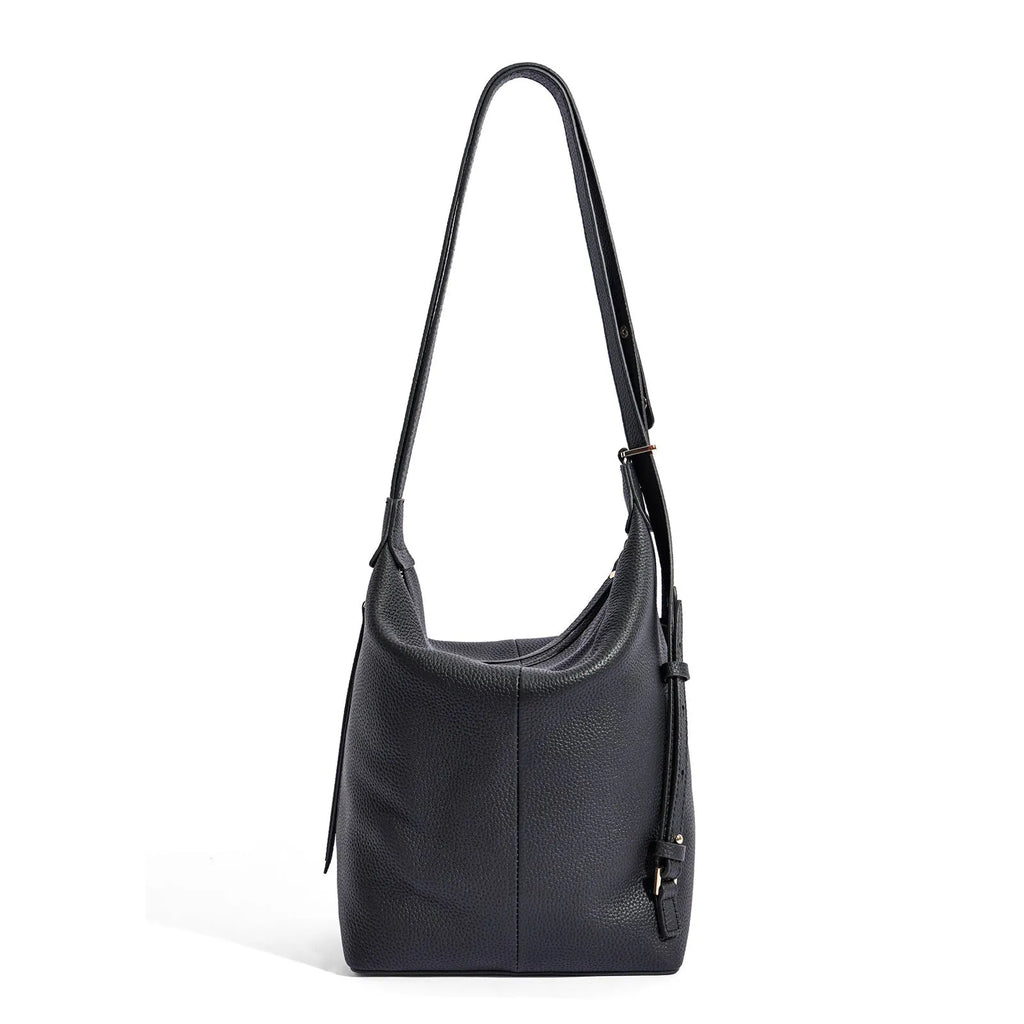 Women's soft genuine leather large bucket bag in elephant grey colour showing bucket silhouette and shoulder strap