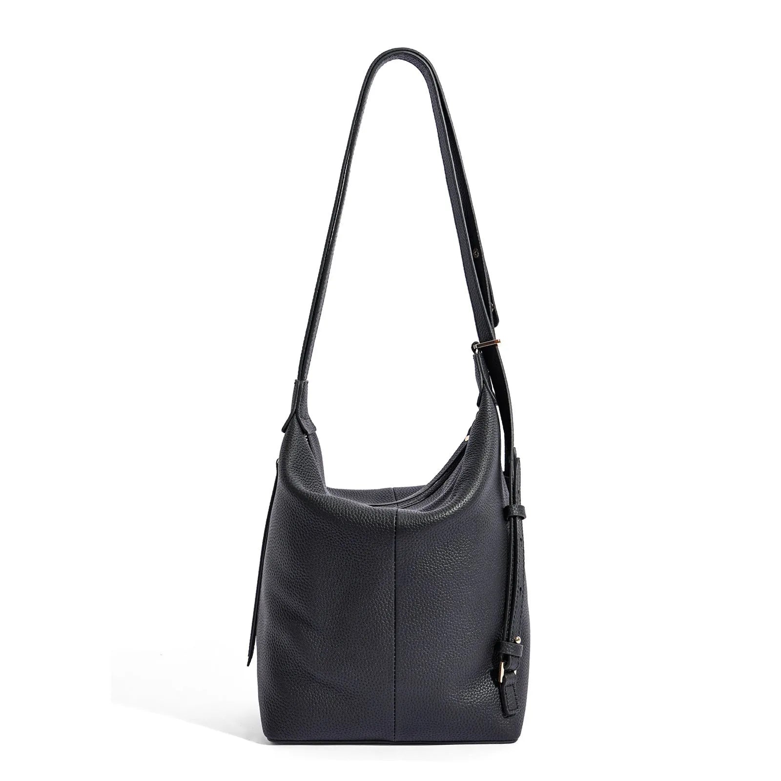 Women's soft genuine leather large bucket bag in elephant grey colour showing bucket silhouette and shoulder strap