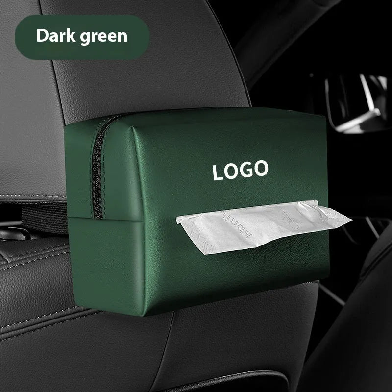 Leather car tissue paper extraction box 18cm x 12.5cm x 9cm in Black, Dark Green, Gray, Mocha brown, or Red with optional car logo.