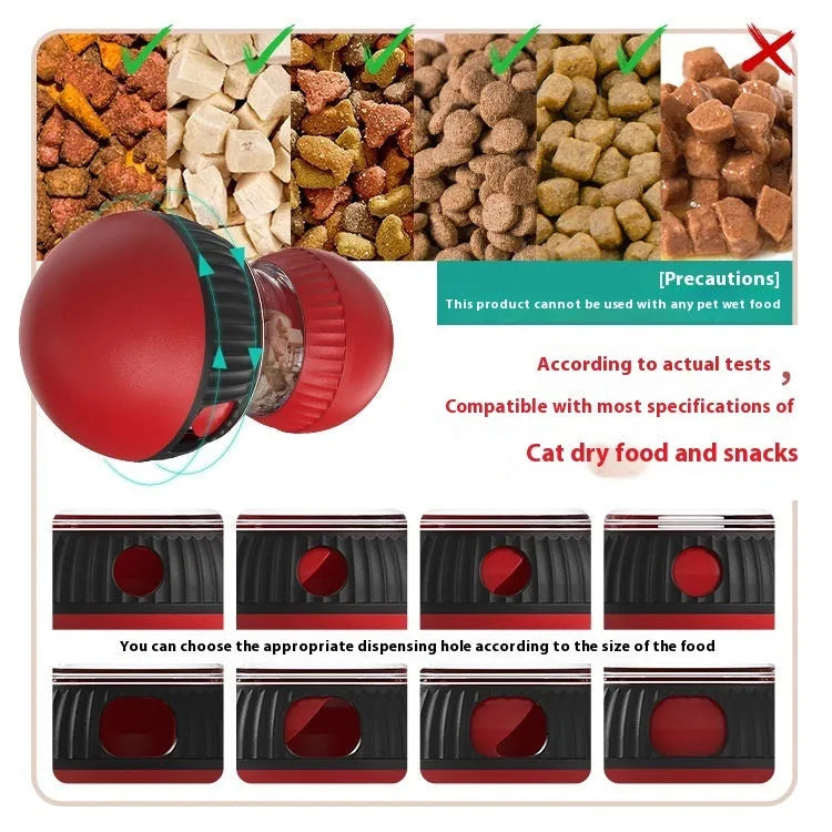 Rotating plastic cat toy with super ball element for treat dispensing and sound play.