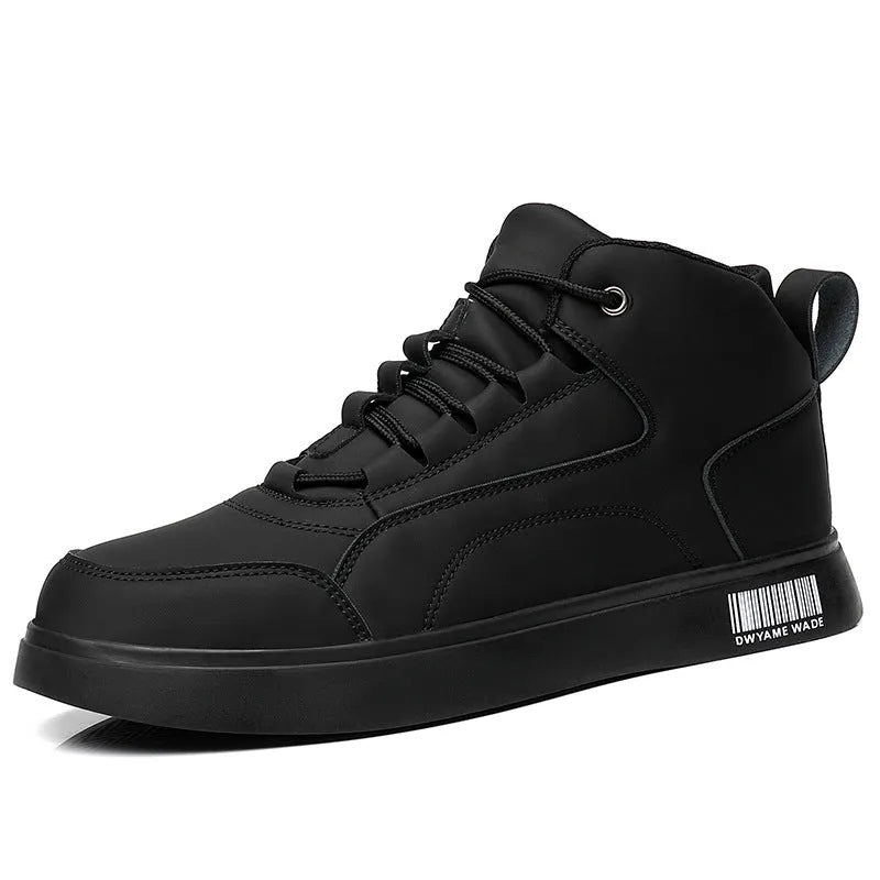 Men's white mid-top lace-up board shoes with round toe and rubber sole