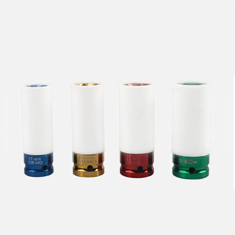 A single 45# steel hexagon impact socket for pneumatic wrenches, shown in one of four available sizes.